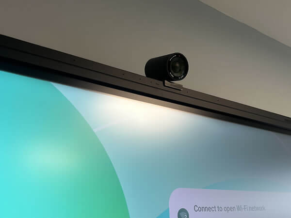 Close-up of iiyama UC Pro camera mounted above interactive display for video conferencing in Synextra’s collaboration space.