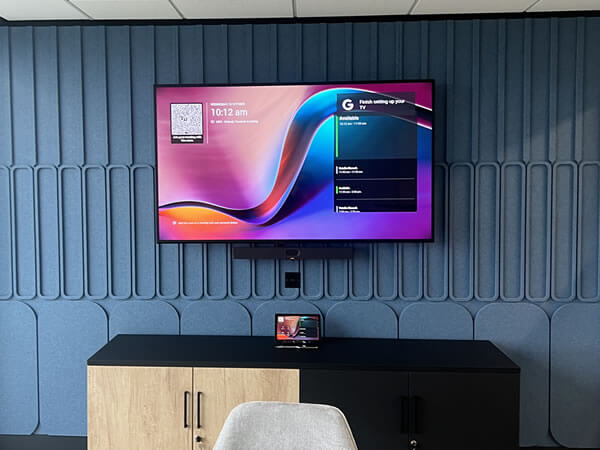Meeting room with Sony display and Yealink Teams Room technology, installed by Rapid Technologies for Synextra’s new office.