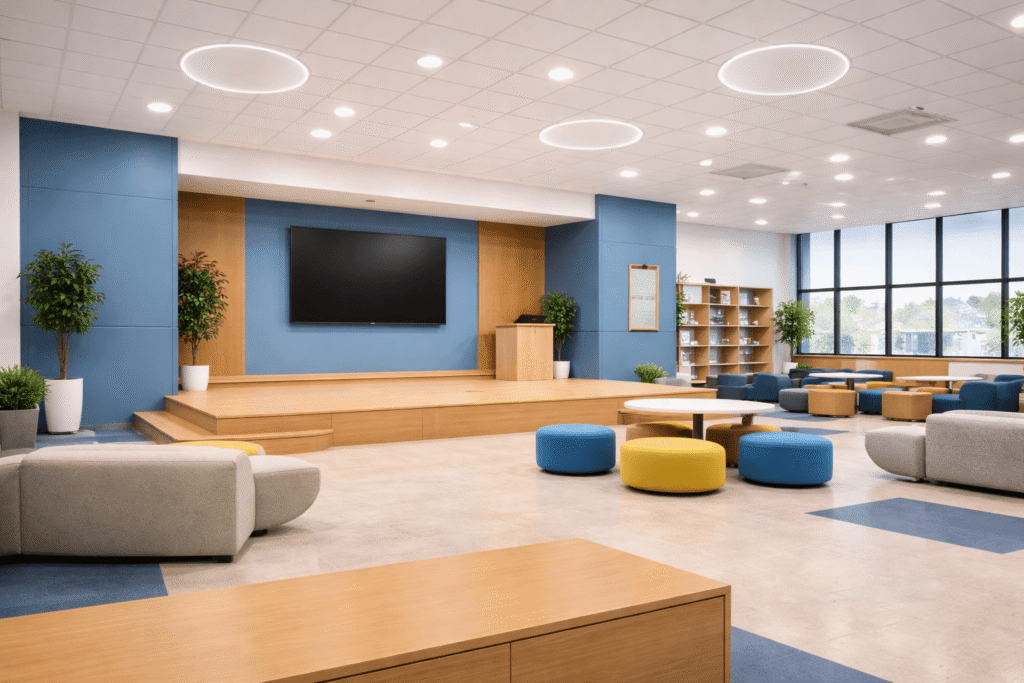 Modern school common area with white ceiling speakers for commercial audio system