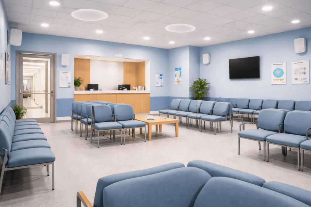 Modern NHS doctors waiting room with blue seating and ceiling and wall-mounted speakers for commercial audio system