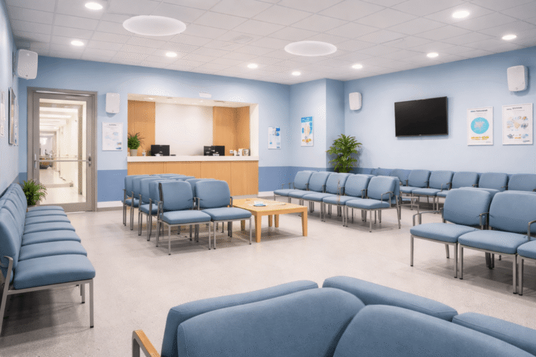 Modern NHS doctors waiting room with blue seating and ceiling and wall-mounted speakers for commercial audio system